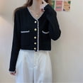 thumbnail image 3 of Camisa de mujer de punto con cuello en V, manga larga, botón superior, frente, camisa de niña, negro seitruly AP001515-02, 3 of 7