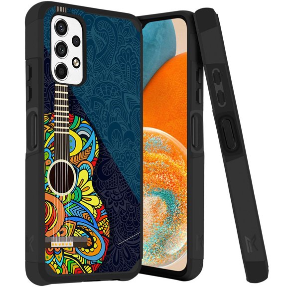 ANJ  Rugged Dual Layered Shockproof Slim Hybrid Case   Tempered Glass Cover Compatible with Samsung Galaxy A23 5G - Paisley Guitar