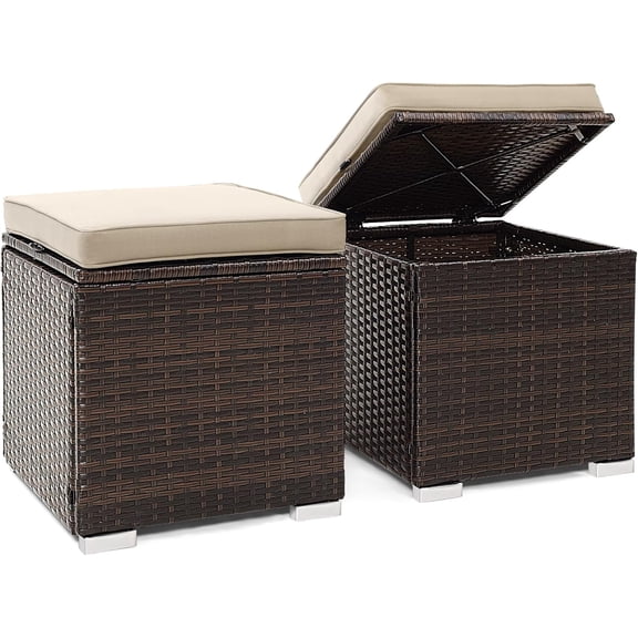 QHTER 2 Pieces Patio Ottomans, Patiojoy Hand-Woven PE Rattan Side Table with Removable Cushion & Hidden Storage Space, Multifunctional Storage Box, Seat for Patio, Backyard, Poolside (Beige)