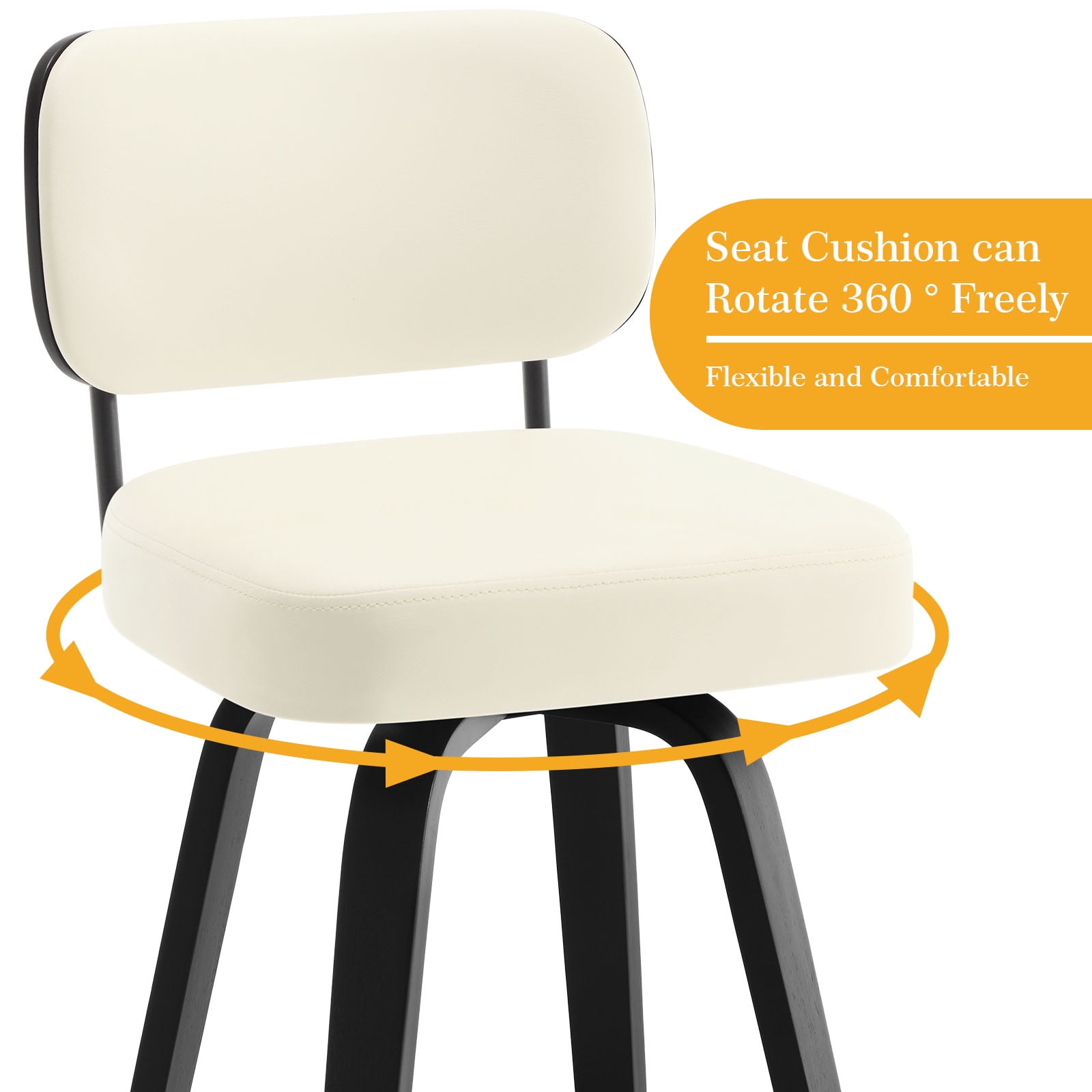 Swivel Counter Height Bar Stools, Set of 1, 29" Upholstered PU Leather Barstools with Back Wood Legs, Mid Century Modern Bar Chair Island Stool for Kitchen Counter, Cream White