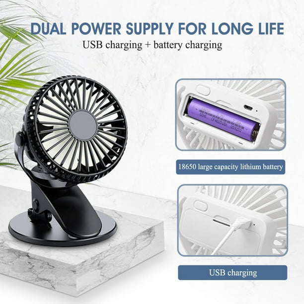 Mini Clip on Desk Fan 18600mAh Battery Operated Stroller Fan, USB