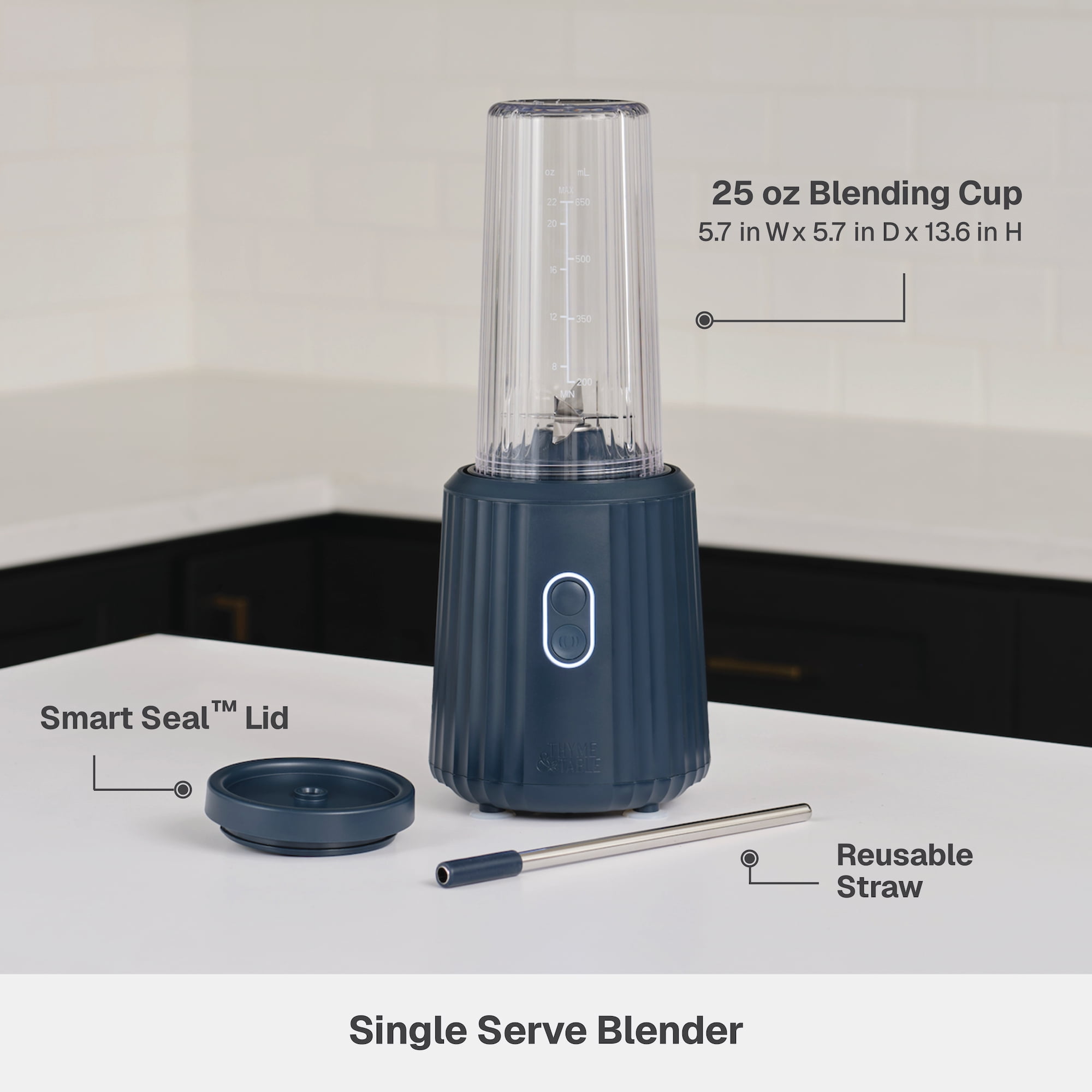 Thyme & Table 900 W 25 oz Single Serve Blender with Tritan Vessel, Smart Seal Lid and Straw, 6-Point Stainless Steel Blade, Atlantic Blue