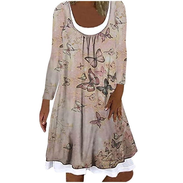 Vestido de empalme suelto de manga larga con estampado de mariposa y cuello redondo informal para mujer Pompotops hdfakjf180