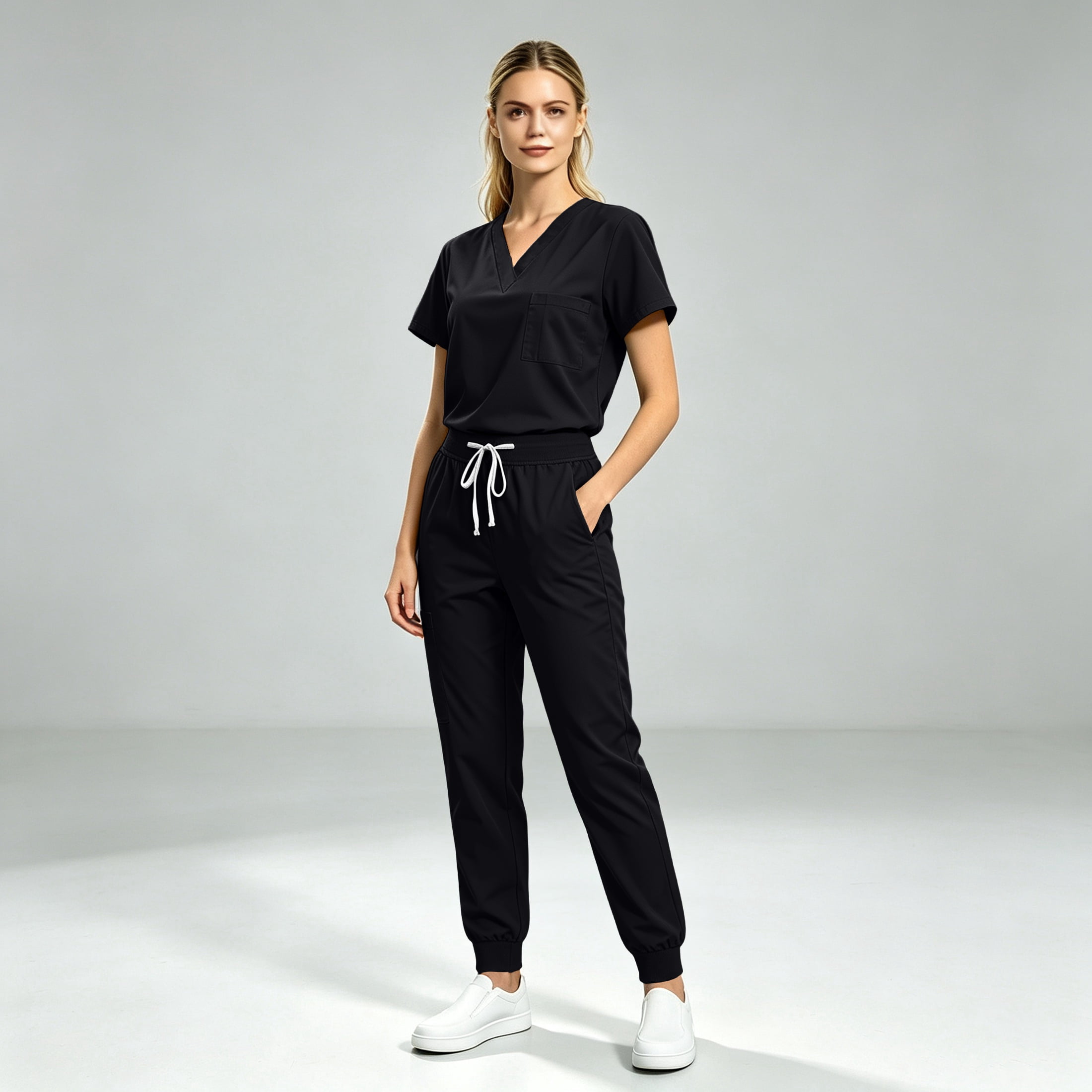 Scrub Sets for Woman Solid Color V-Neck Short Sleeve Long Pants Nurse Uniform with Pock Black S