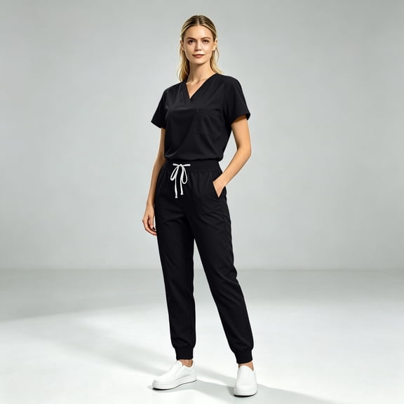 Scrub Sets for Woman Solid Color V-Neck Short Sleeve Long Pants Nurse Uniform with Pock Black S