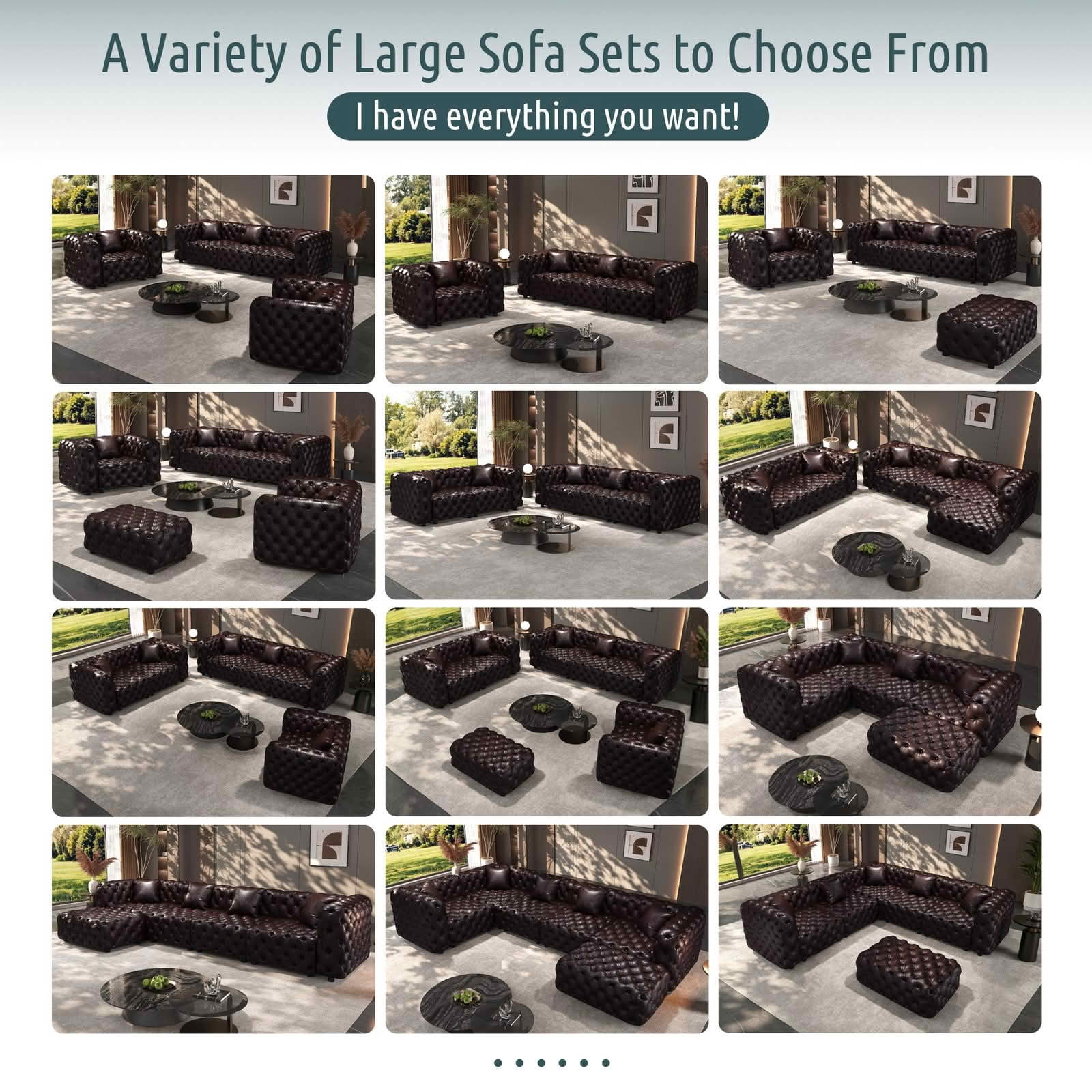 MAYEERTY 77 Inch Faux‑Leather 2‑Seat Modular Sofa Set, Handcrafted Button Tufted Couch with 2 Ottomans & 2 Pillows for Living Room & Small Apartment