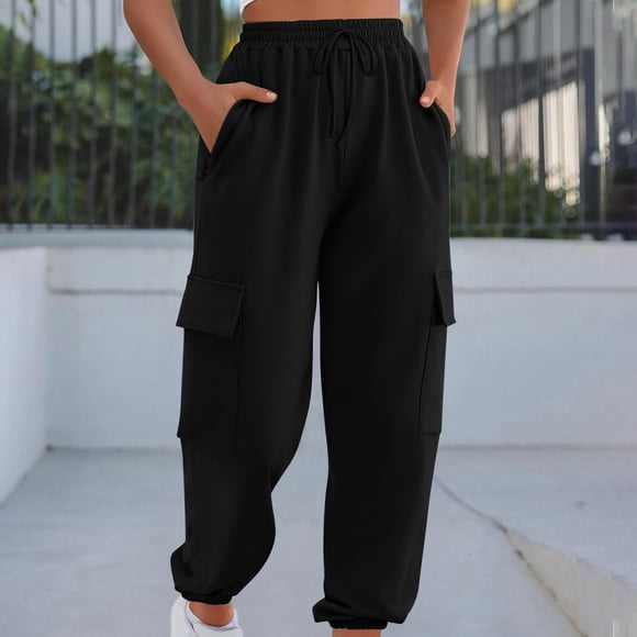 AherBiu Cargo Pants for Women Drawstring High Wasited Joggers with Multi Pockets Casual Loose Solid Color Trousers