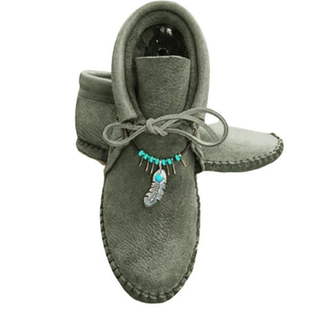 

Women\ s PU Boots with Feather Chain Front Lace-up Flat Boots Vintage Style Easy to Put on Winter Outdoor Supply