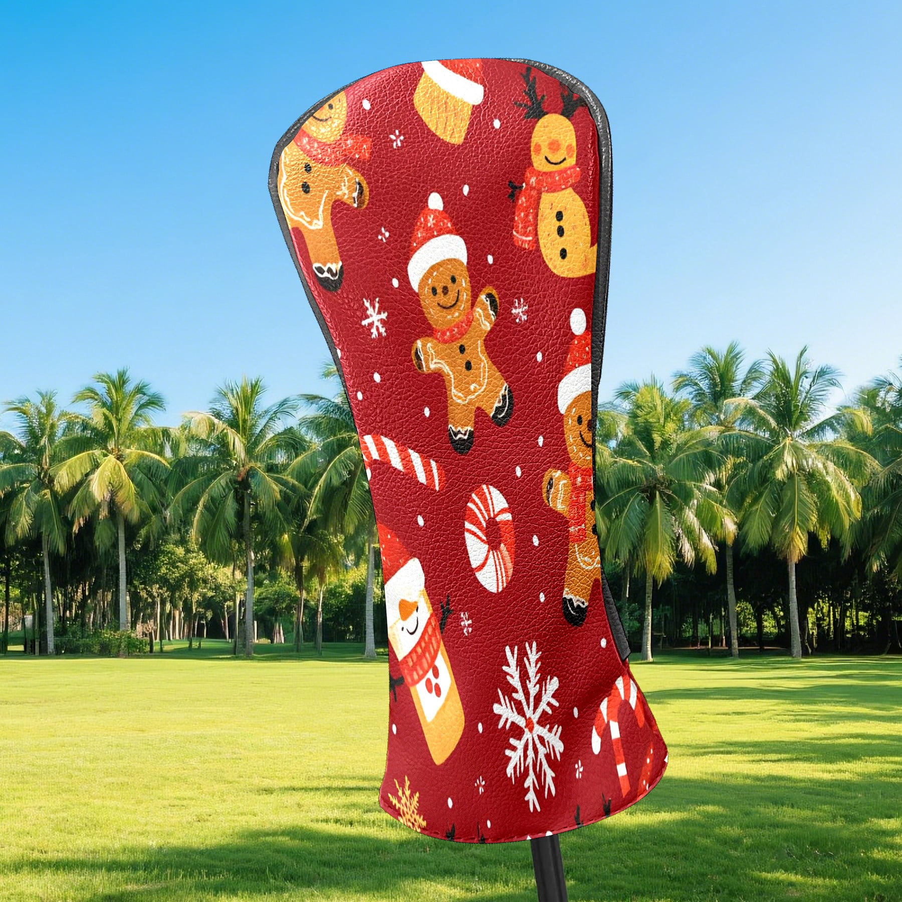 Golf Club Covers, Red Xmas Gingerbread Premium PU Leather Driver Hybrid Putter Head Covers with Velvet Lining, Waterproof Golf Gifts for Men Women