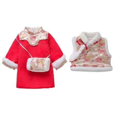 

Binhe Toddler Girls Winter Traditional New Year Long Sleeve Floral Printed Button Furry Vest + Furry Dress Girl Winter Outfits or Treating Comfortable Cotton Blended Fabric Easy to Wear and Maintain