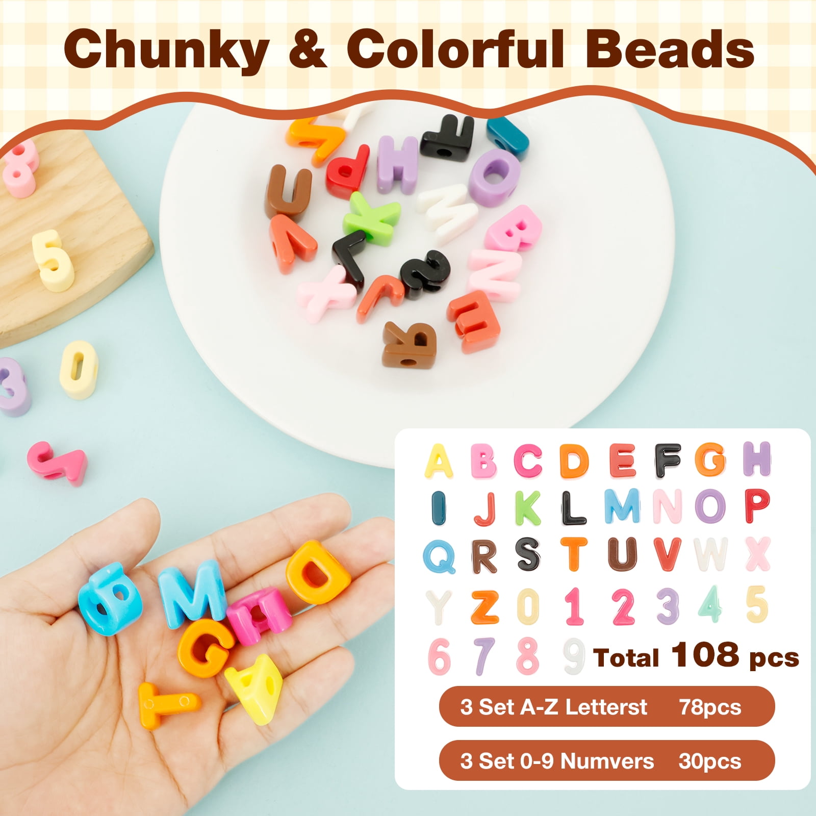 Chunky Letter Number Beads Set, 108pcs Standard Size Alphabet & Number Blocks with Large Holes for DIY Friendship Bracelets & Jewelry Making