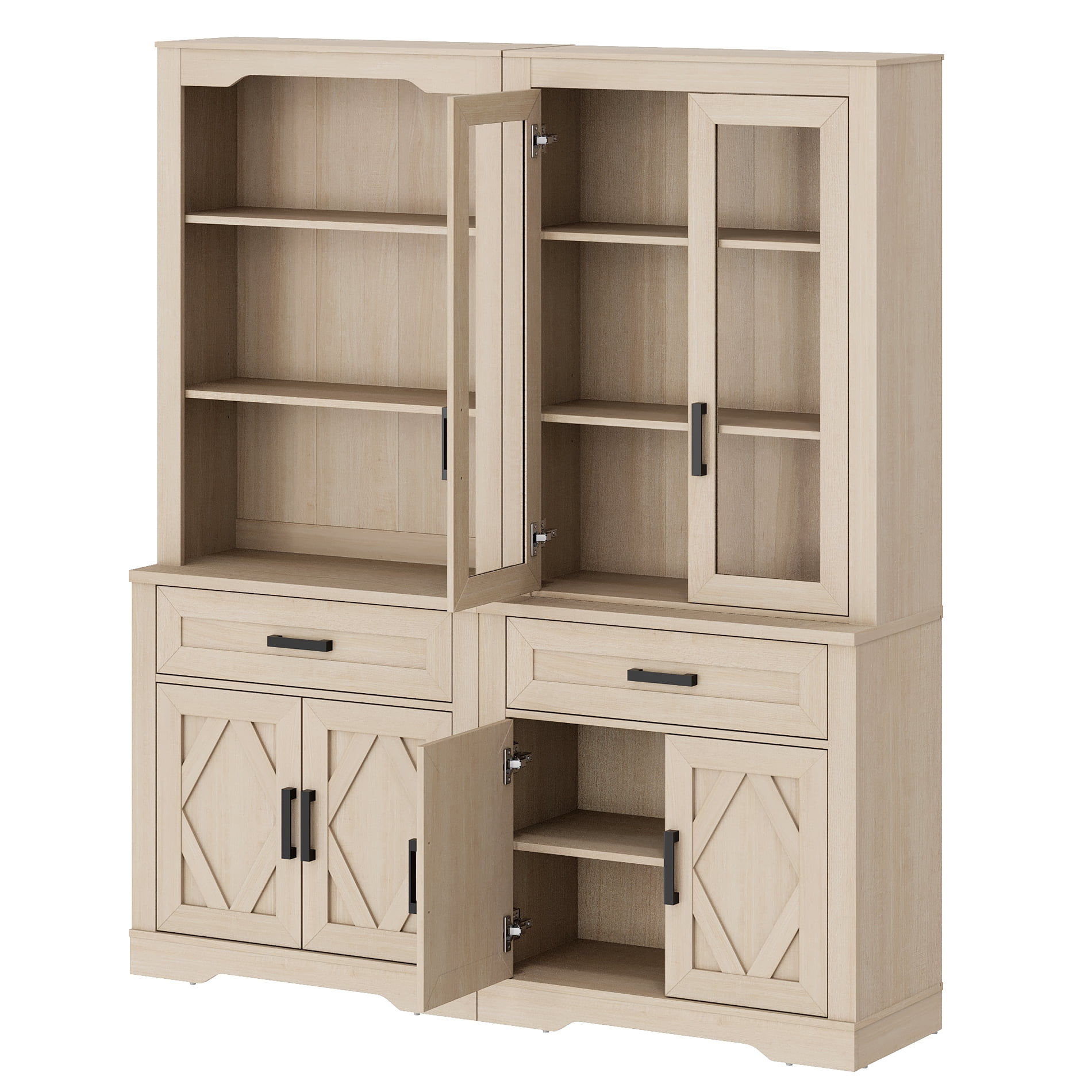 WAMPAT 5 Tier Bookcase with Barn Door,73.3" Tall Open Storage Bookshelf,Floor Standing Farmhouse Display Organizer with Drawer and Glass Door for Home Office,Living Room,Beige Oak