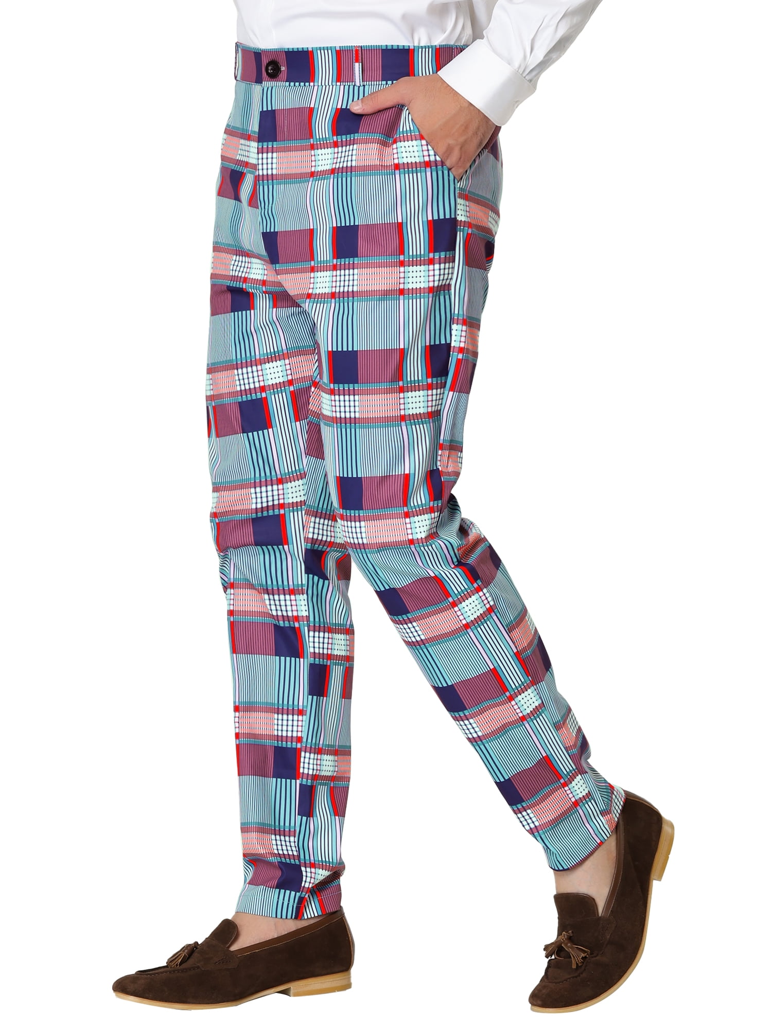 Unique Bargains Men's Plaid Printed Straight Leg Business Casual Checked Pants 34 Multicolor