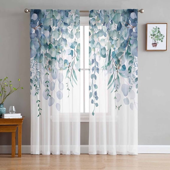 Teal Blue Eucalyptus Leaves Semi Sheer Curtains 96 Inch Length 2 Panels Set,Spring Floral Summer Botanical Sheer Kitchen Curtain Privacy Voile Window Curtain for Living Room Bedroom Rod Pocket Drapes