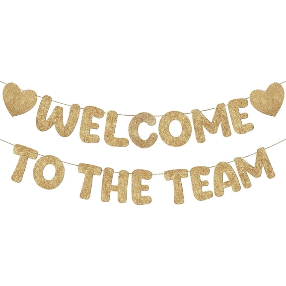 Welcome to the team banner, welcome to party supplies, featuring two heart symbols, no DIY required, glitter powder. New employees, colleagues joining the team, office decoration (champagne gold).