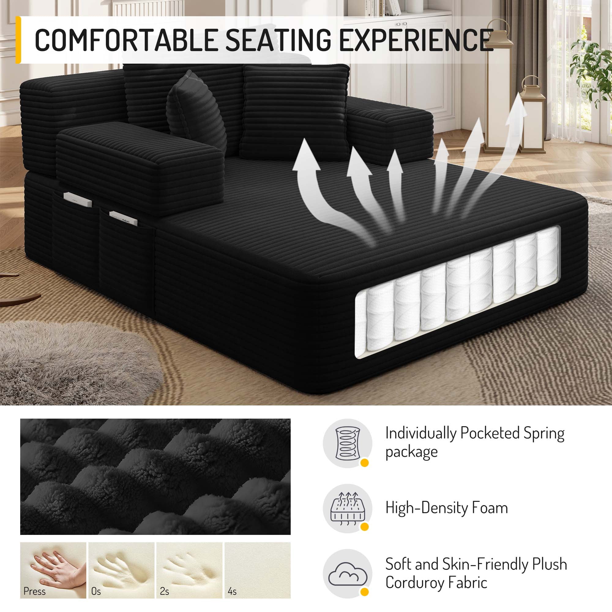 Miniyam 70" x 48.5" Sofa Bed for Small Spaces, Convertible Chaise Lounge with Storage Pocket & Pillows, Plush Corduroy Futon, Black