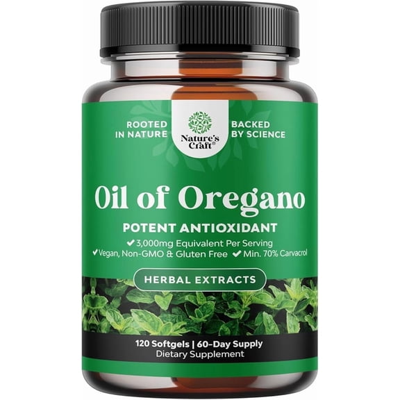 Natures Craft Oil of Oregano Softgels with 70% Carvacrol for Gut and Immune Support, 120 Count