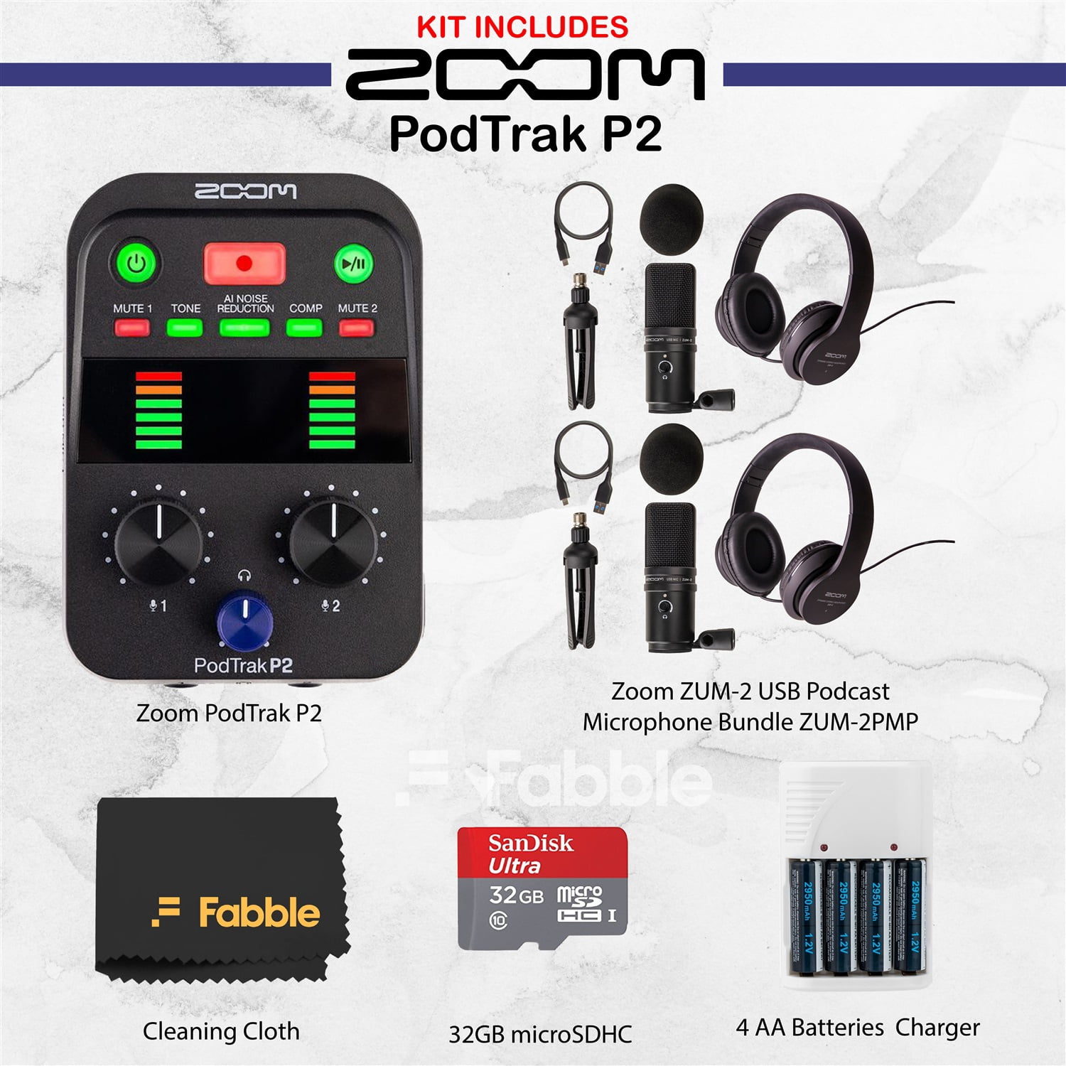Zoom PodTrak P2 Podcasting Bundle: Includes PodTrak P2 Recorder, 2 ZUM-2 Podcast Mic Packs, 32GB microSDHC Card, AA Rechargeable Battery Kit with Charger, and Premium Black Microfiber Cleaning Cloth