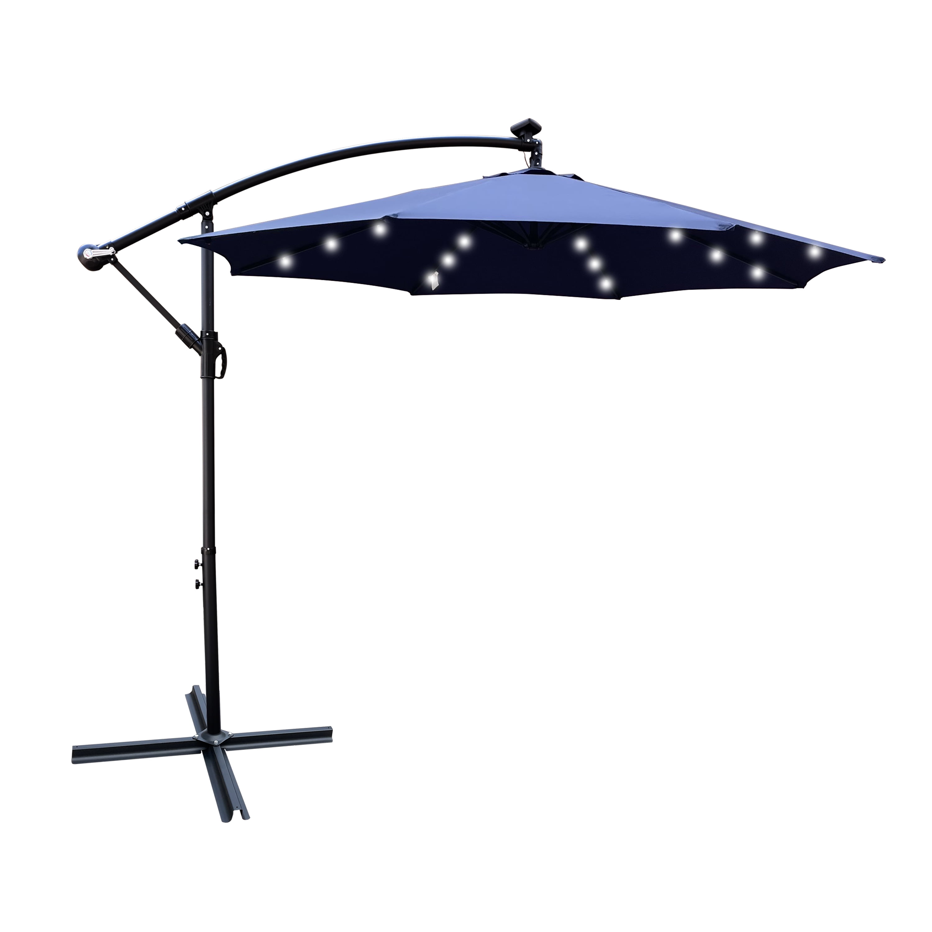 10 FT Round Outdoor Patio Umbrella, Solar LED Lighted Waterproof Sun Shade Umbrella with Stable Base, Navy Blue