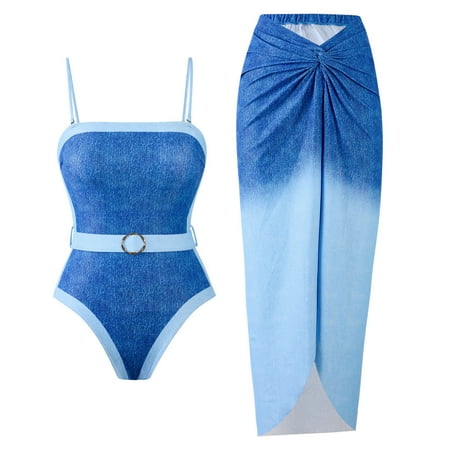 Brnmxoke Swimsuit with Skirt Women s One Piece Swimsuit with Beach Cover up Wrap Skirt Floral Tummy Control Tankini Set 2 Piece Swimsuit Outfits Blue M