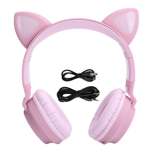 Auriculares inalámbricos con Bluetooth 5.0, plegables, con luz LED 3D y orejas de gato, con micrófono, color rosa