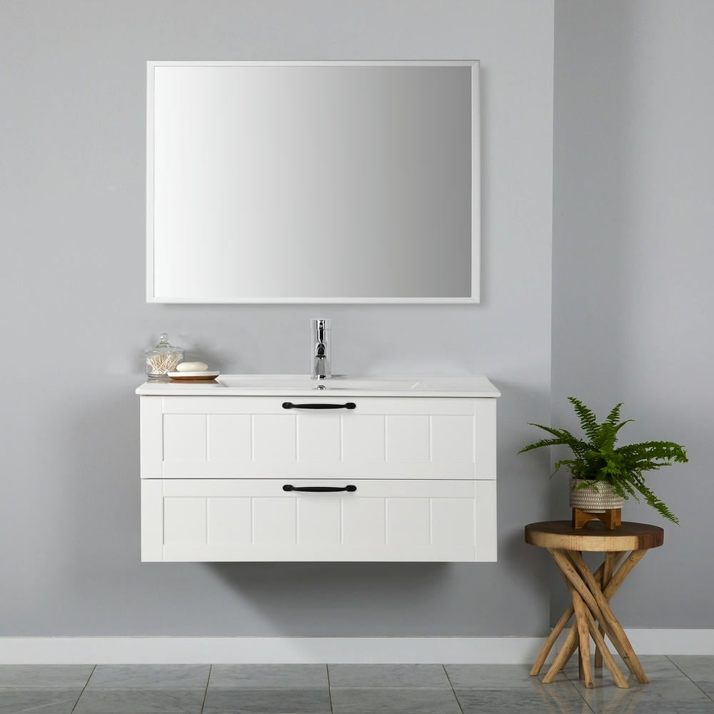 Spaco 31.5" Bathroom Vanities Cabinet with Sink Combo and Soft-Close System, Wall Mounted Floating Cabinet with Decor Line and 2 Extra Big Drawers, White