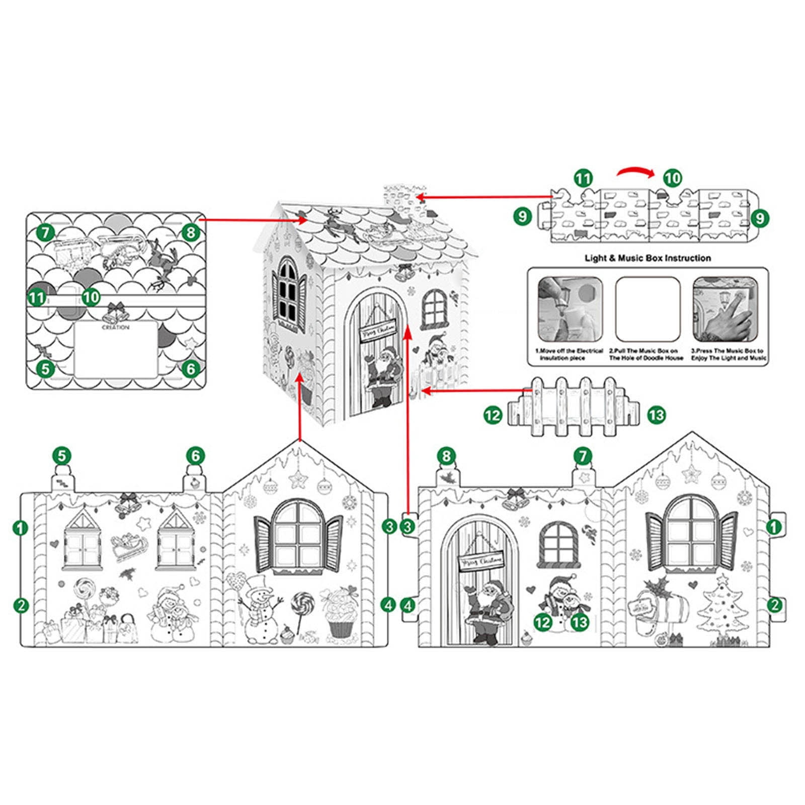 COM1950s Diy Cardboard Christmas Coloring Playhouse, Kids Foldable Craft Paper House with Watercolor Brushes, Easy Assembly Holiday Fort for Indoor Family Creative Activities