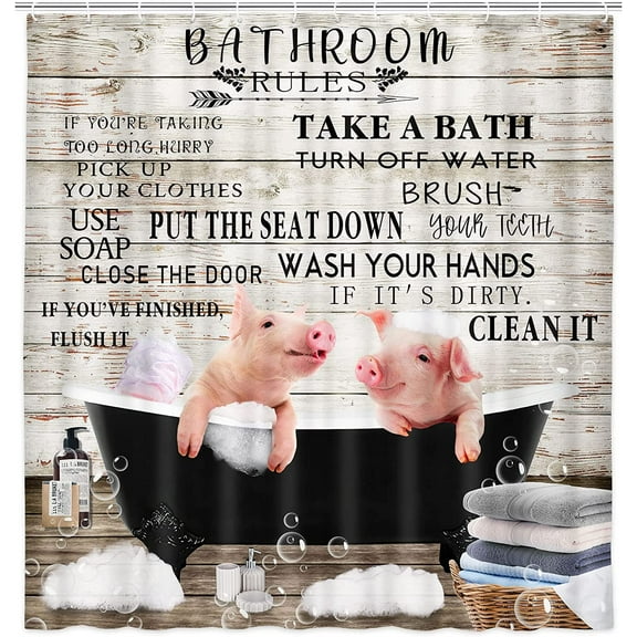 Cute Kids Shower Curtain, Rustic Country Funny Farmhouse Animals Pig Bathroom Rules Shower Curtains for Bathroom Decor, Motivational Educational Waterproof Bathtub Decor Accessories with Hooks,72X72in