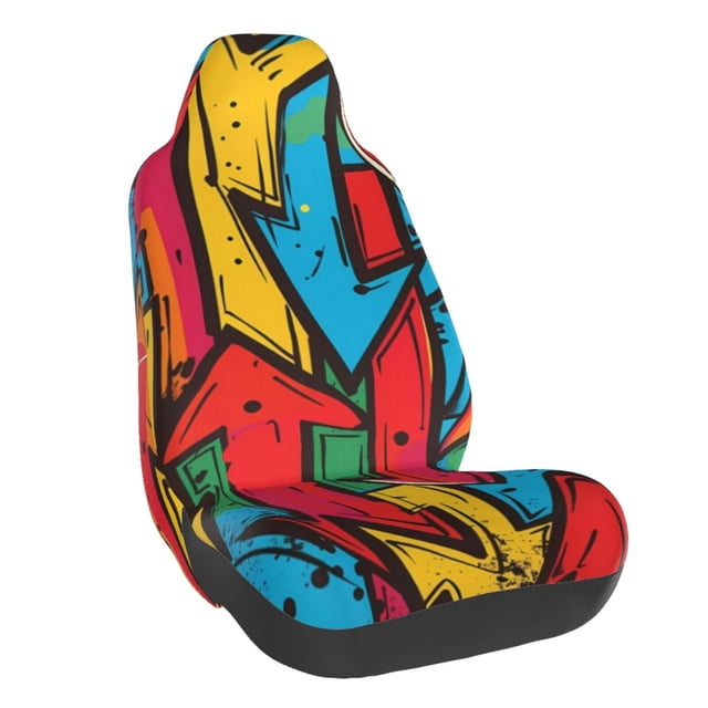 Wukai Colorful Arrow Graffiti Pattern Full Set Car Seat Covers with Soft Padding Universal Auto Front Seats Protector and Cushion Mat