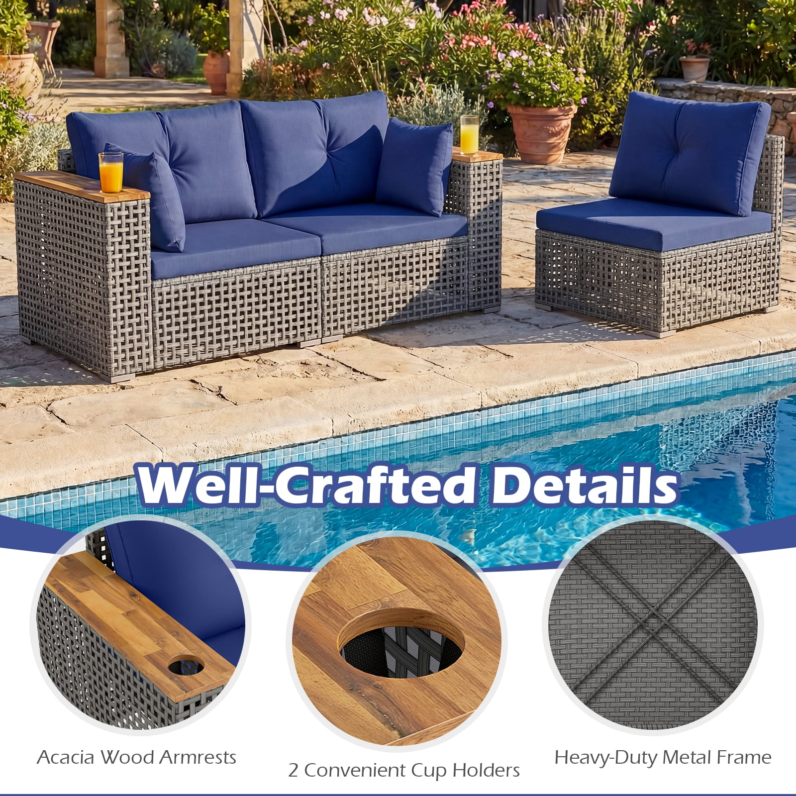 Costway Patio Wicker Sectional Furniture Set, 3 Piece Outdoor Couch Set for Garden Navy