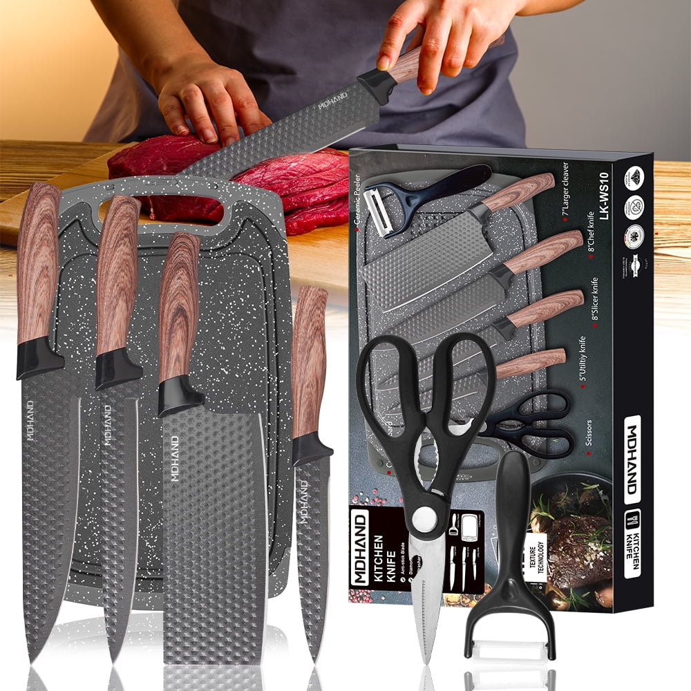 MDHAND 7-Piece Kitchen Knife Set ,Non-Stick Diamond Finish, Brown Wooden Handles, Cutting Board, Scissors, Peeler – Essential Cooking Tools in Gift Box