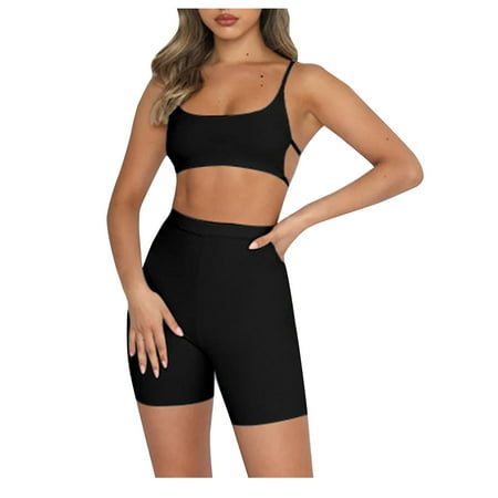 QATAINLAV Two Piece Outfit for Women s Yoga Workout Sets High Waisted Leggings Biker Shorts Matching Sports Backless Bra Gym Fitness Solid Clothes Tracksuit Sales under 5 Dollars Black L