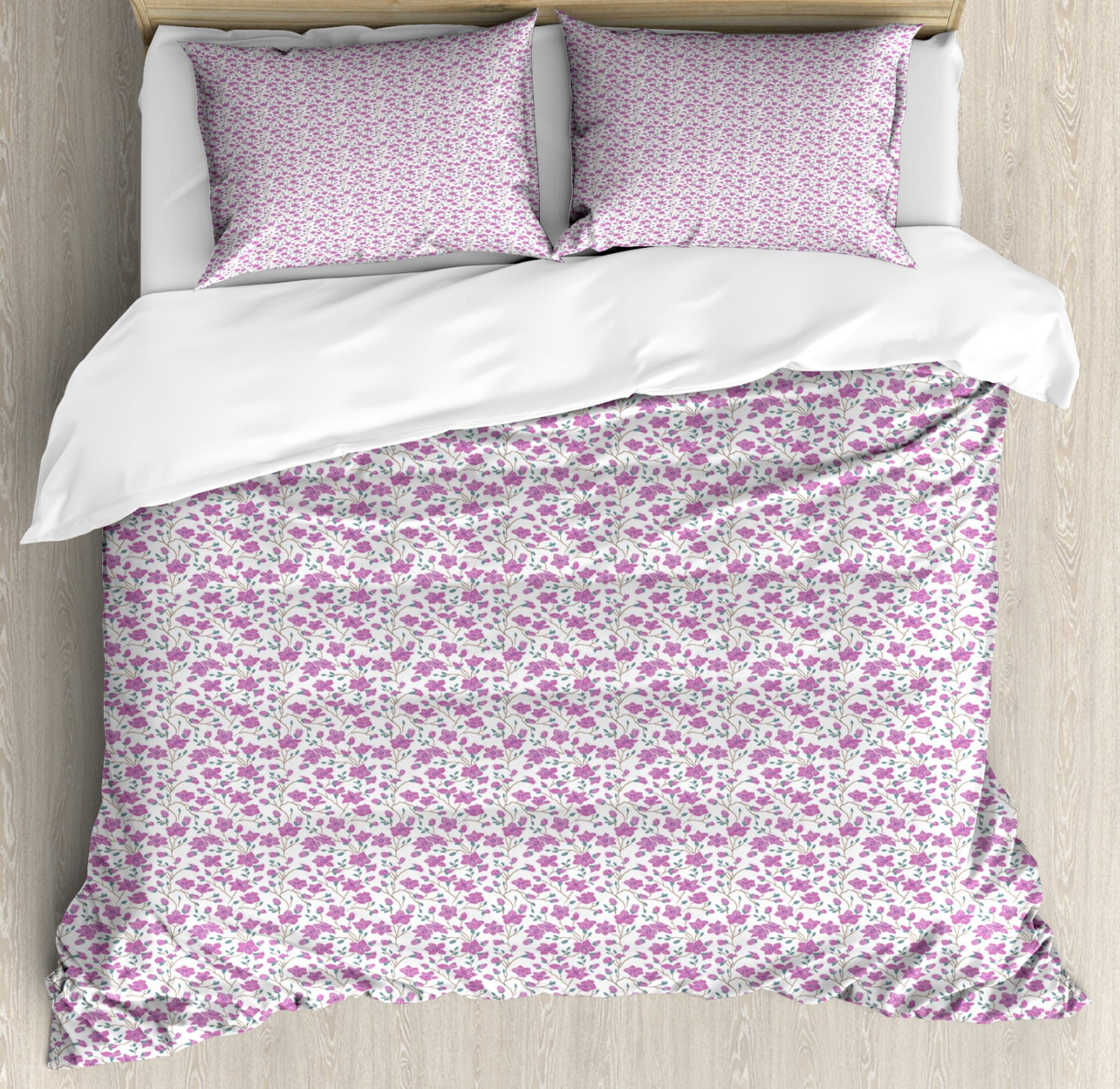 Floral King Size Duvet Cover Set, Bloomed Pink Magnolia Flowers with