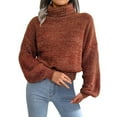 thumbnail image 2 of Sweaters for Women Turtleneck Tunic Knitted Sweater Lantern Sleeve Ribbed Pullover Sweater Jumper Orange, 2 of 8