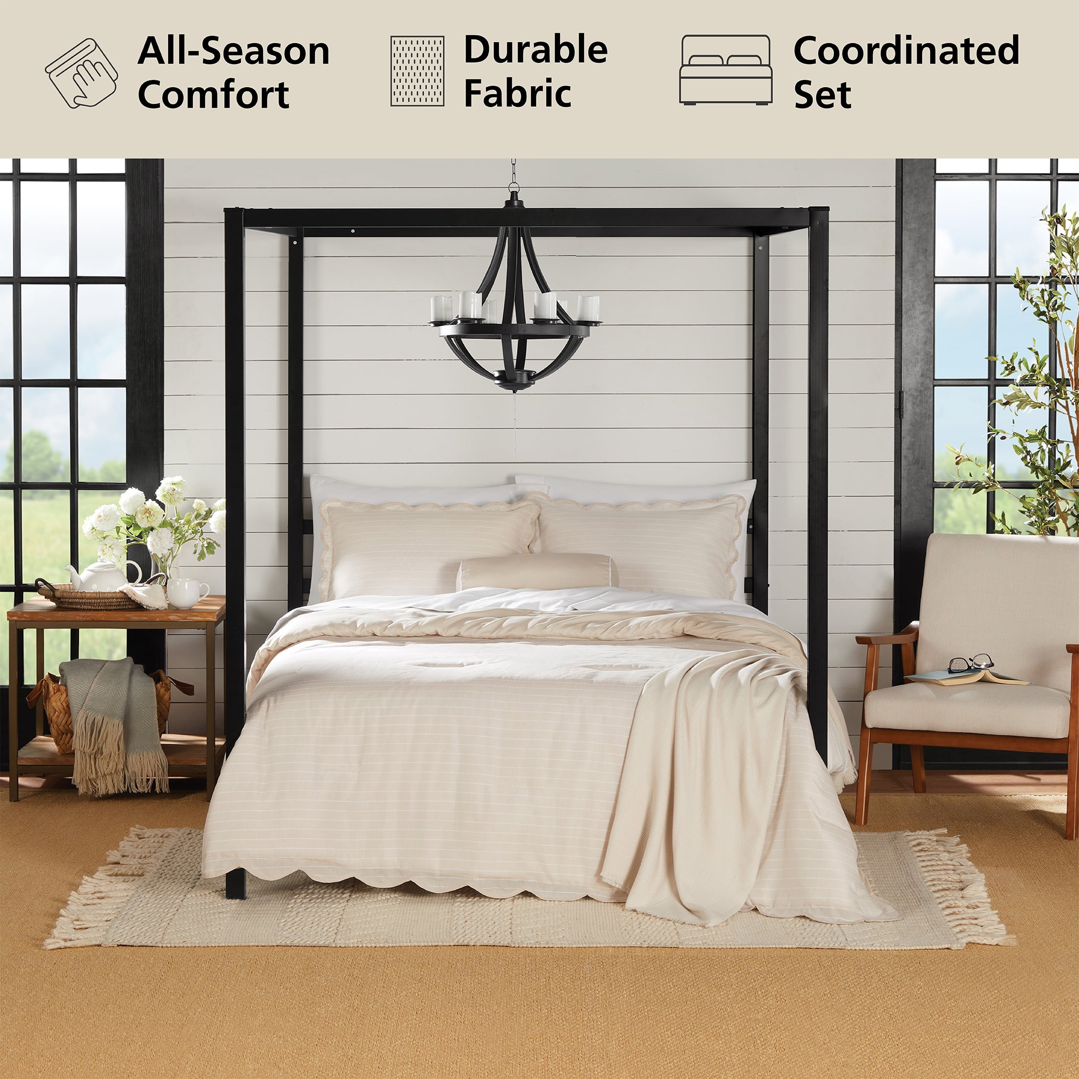 Mainstays King Comforter Set, All-Season, 5-Piece, Tan Pick Stitch Scallop