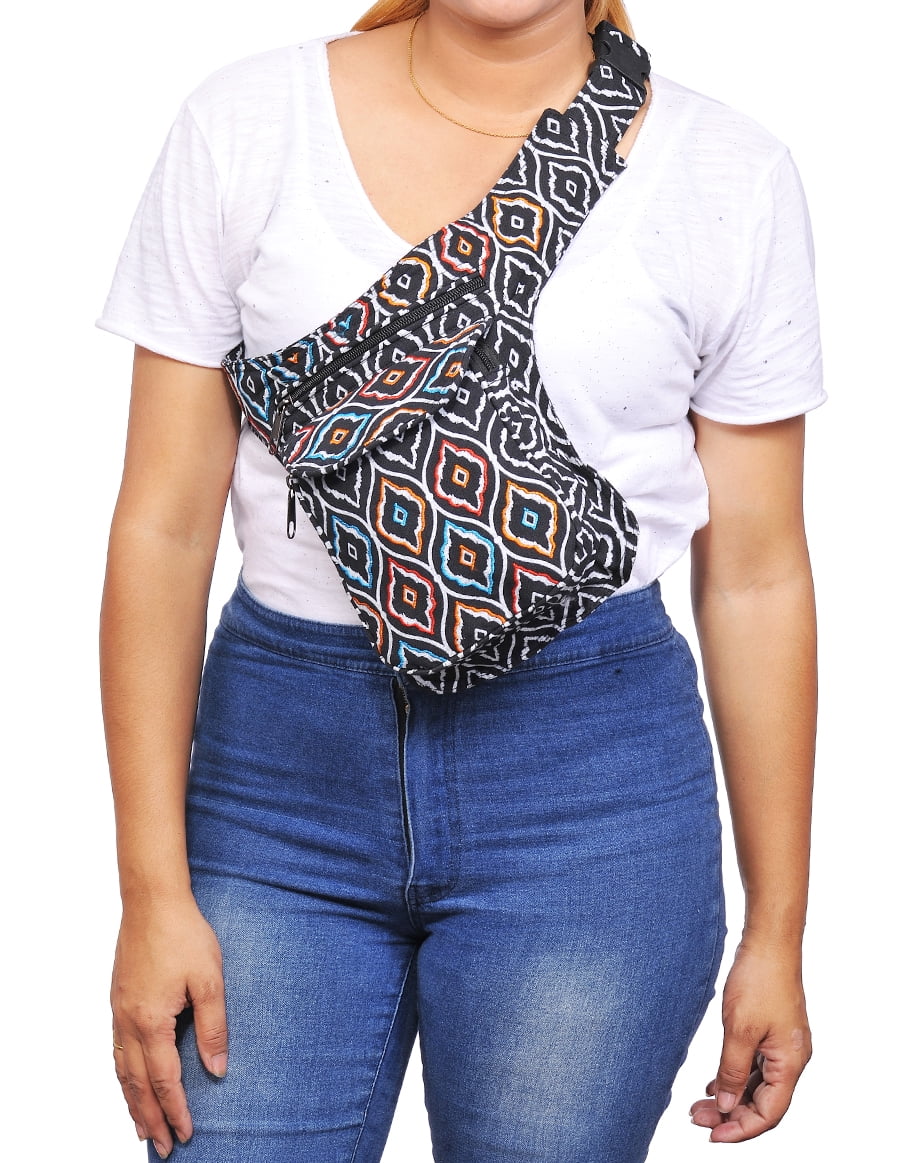 The Collection Royal Fanny Pack Crossbody Bags for Women| Cotton Canvas Boho Hippie Festival Colorful Belt Bag for Women (Black T)