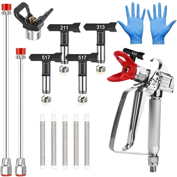 15 Pcs Airless Paint Sprayer Gun Kit – 3600PSI Professional Spray Gun with 25Ft Hose, 3 Reversible Tips (211/313/517), 2 Extension Rods, 5 Filters & 2 Nozzle Seat，a Pair of Gloves