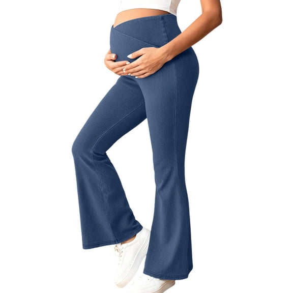 Amzcrzy Maternity Jeans High Waist Cross Over Belly Elastic Flare Jeans for Maternity Slim Fit Bootcut Denim Pants Stretchy Casual Pregnancy Pants for Daily Blue S