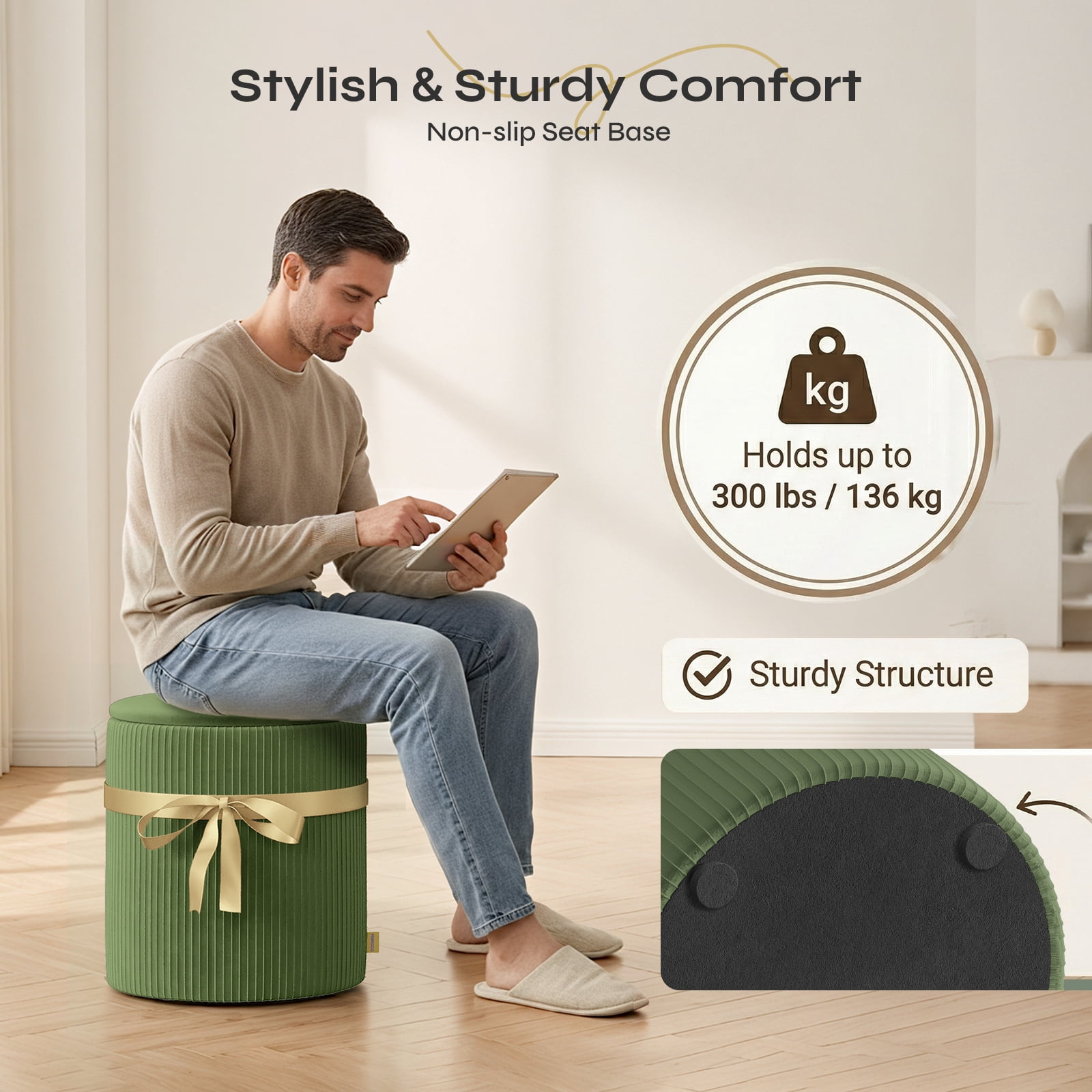 Pinmoco Corduroy Round Storage Ottoman Set of 2, Upholstered Vanity Stool, Foot Stool with Decorative Ribbon for Living Room Bedroom, Olive Green