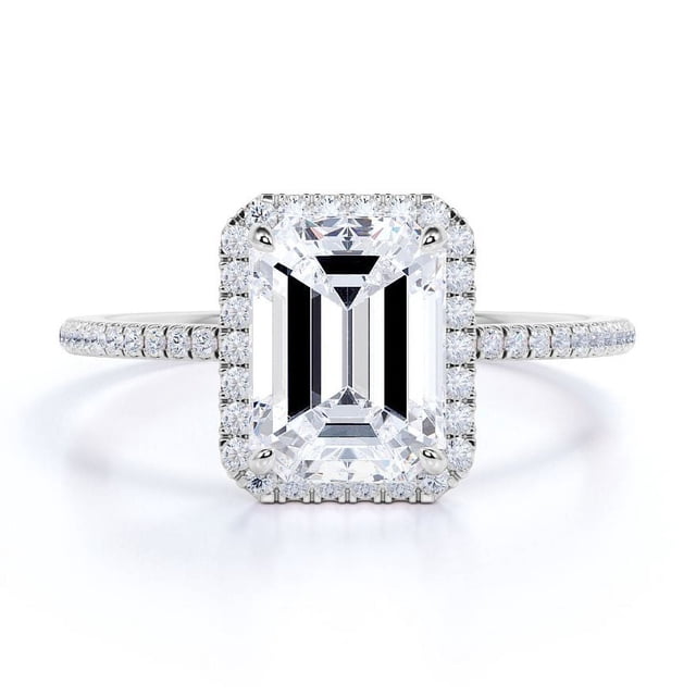 JeenMata Anillo de Compromiso de Moissanita de Corte Esmeralda de 1,75 Quilates - Conjunto Nupcial - Anillo de Halo - Anillo de Racimo - Oro Blanco de 18 K sobre Plata