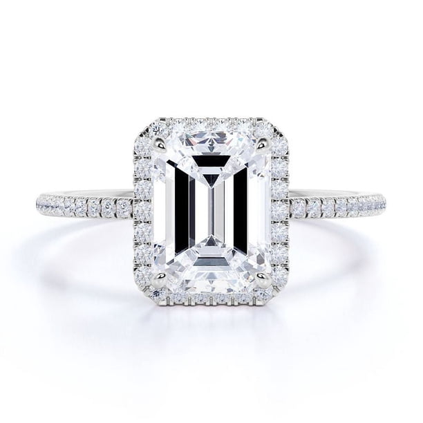 JeenMata Anillo de Compromiso de Moissanita de Corte Esmeralda de 1,75 Quilates - Conjunto Nupcial - Anillo de Halo - Anillo de Racimo - Oro Blanco de 18 K sobre Plata