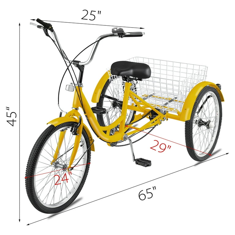 BENTISM Adult Tricycle Single 7 Speed Three Wheel Bike Cruise Bike 24in Seat Adjustable Trike with Bell Brake System and Basket Cruiser Bicycles Size