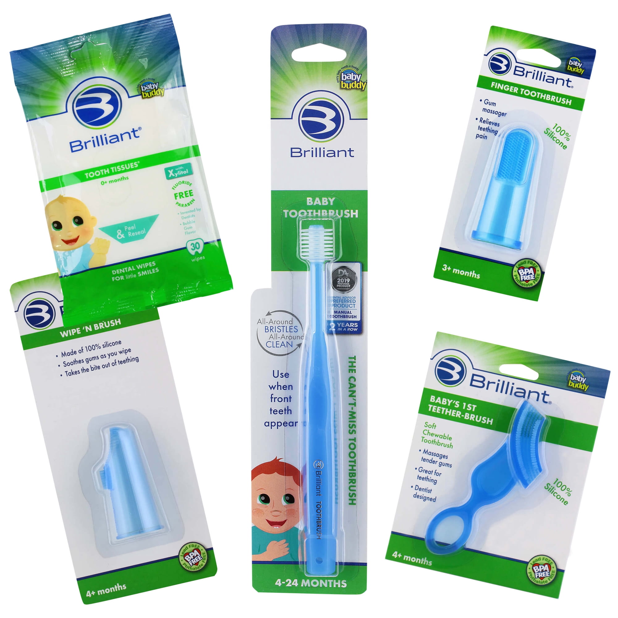 Brilliant Soft Infant Oral Care 5pc Gift Pack - Teeth Wipes Tissues & Toothbrushes, Blue