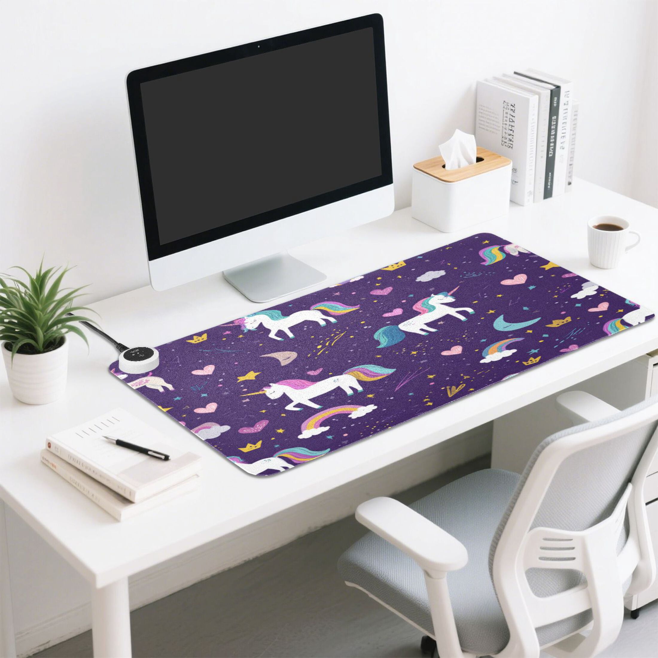 Large Heated Desk Mat Mouse Pad 31.5"x13"PU Leather Graphene Heating Desk Warmer with 3 Temperature Settings 110V US Plug Non-Slip Warm Pad for Home, Office, and Gaming Dark Purple Unicorn Print