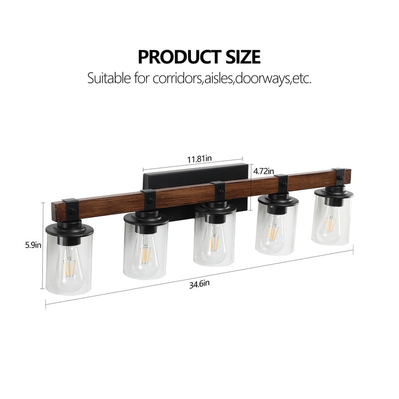 35" Rustic 5-Light Bathroom Vanity Light Fixture, Industrial Wall Sconce with Wood Accent and Clear Glass Shades (Bulbs Not Included)