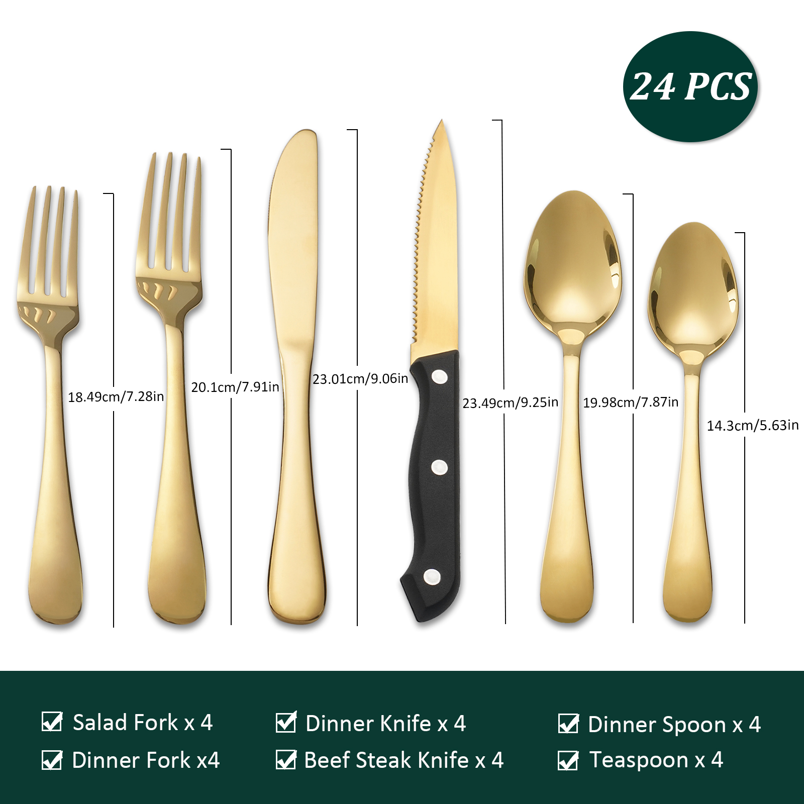 Koomade 24 Pieces Flatware Set For 4, with Steak Knives, Stainless Steel Cutlery Set, Mirror Polished, Tableware Utensils for Home Kitchen Restaurant Hotel, Dishwasher Safe, Gold
