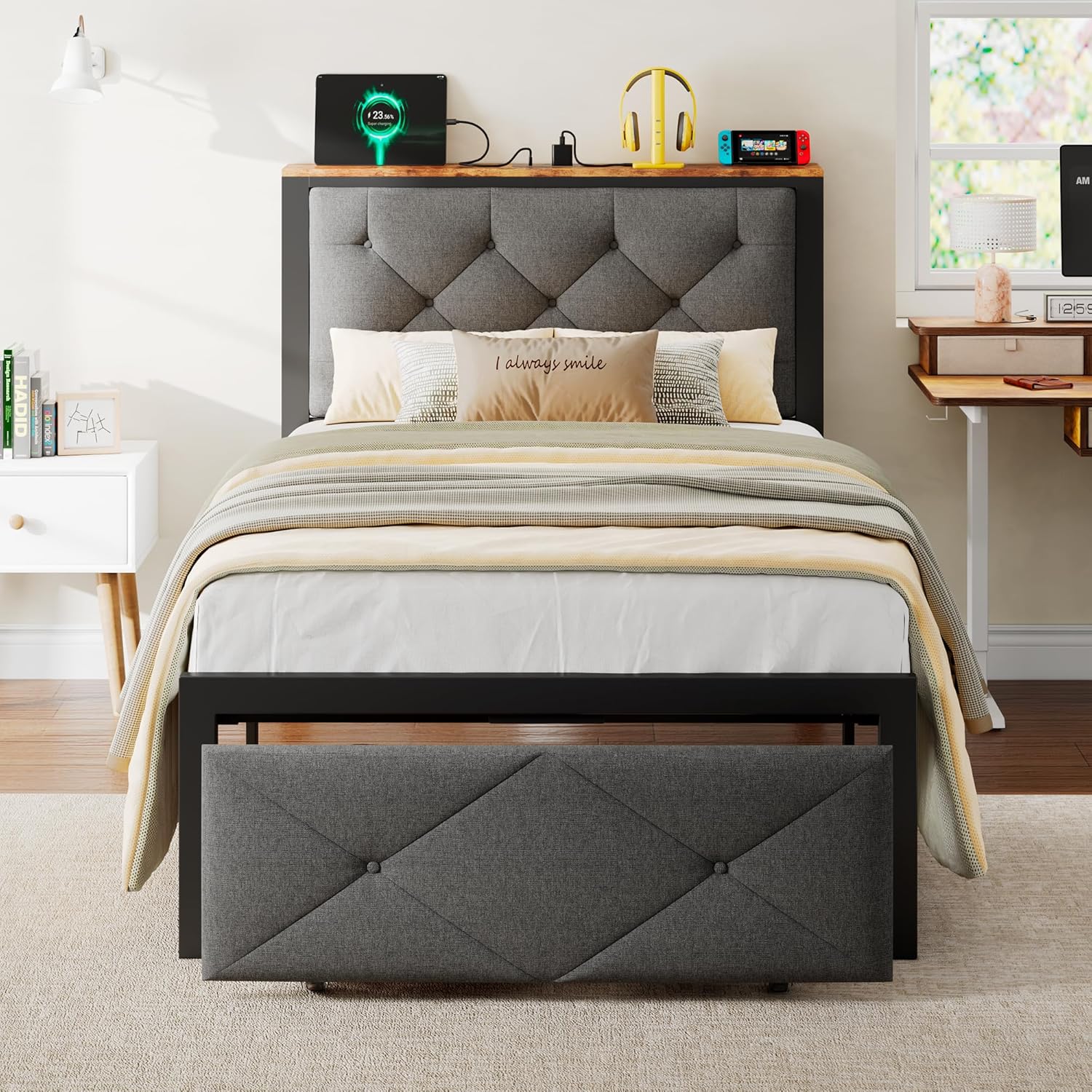 iPormis Twin Bed Frame with Storage Drawers, Grey