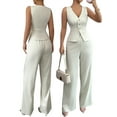 thumbnail image 3 of Women'S 2 Piece Outfits Elegant Blazer Vest Pockets Wide Leg Pant Suit Casual Matching Set White L, 3 of 7