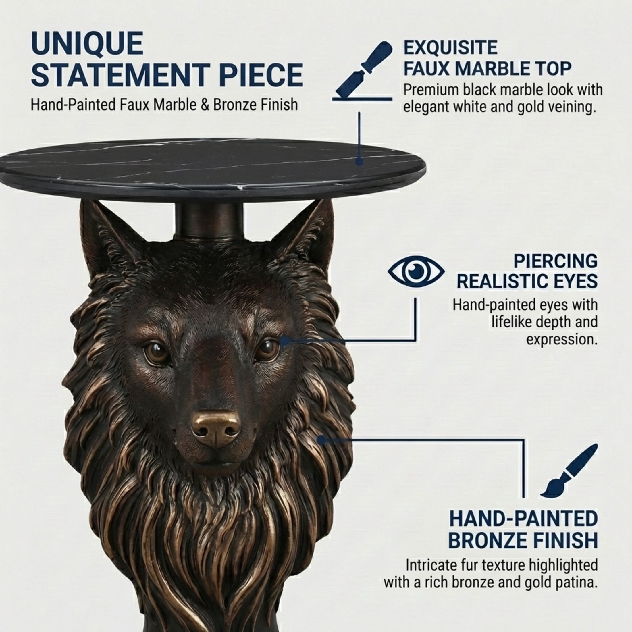 Noble House Wolf Head Accent Table, Animal Statue End Table with Faux Marble Tabletop for Living Room, Antique Brown