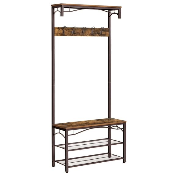 VASAGLE ALINRU Porte-Manteau, Arbre à Hall 3-en-1, Banc à Chaussures d'Entrée, Étagères de Rangement, Meuble d'Accent, Cadre en Acier, Grande Taille, Industriel, Brun Rustique et Bronze